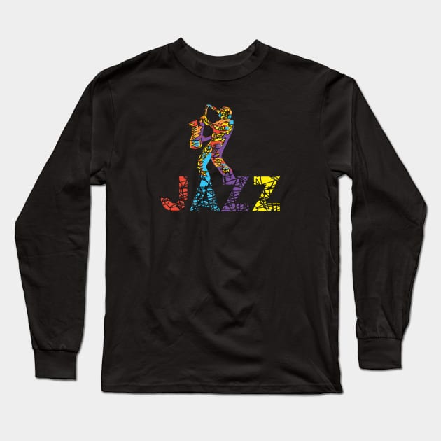 Modern Jazz Theme Design with Sax Player Long Sleeve T-Shirt by jazzworldquest